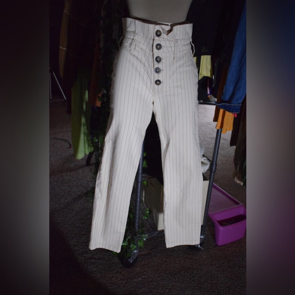 Free people size 6 cream striped high waisted button fly paper bag pants